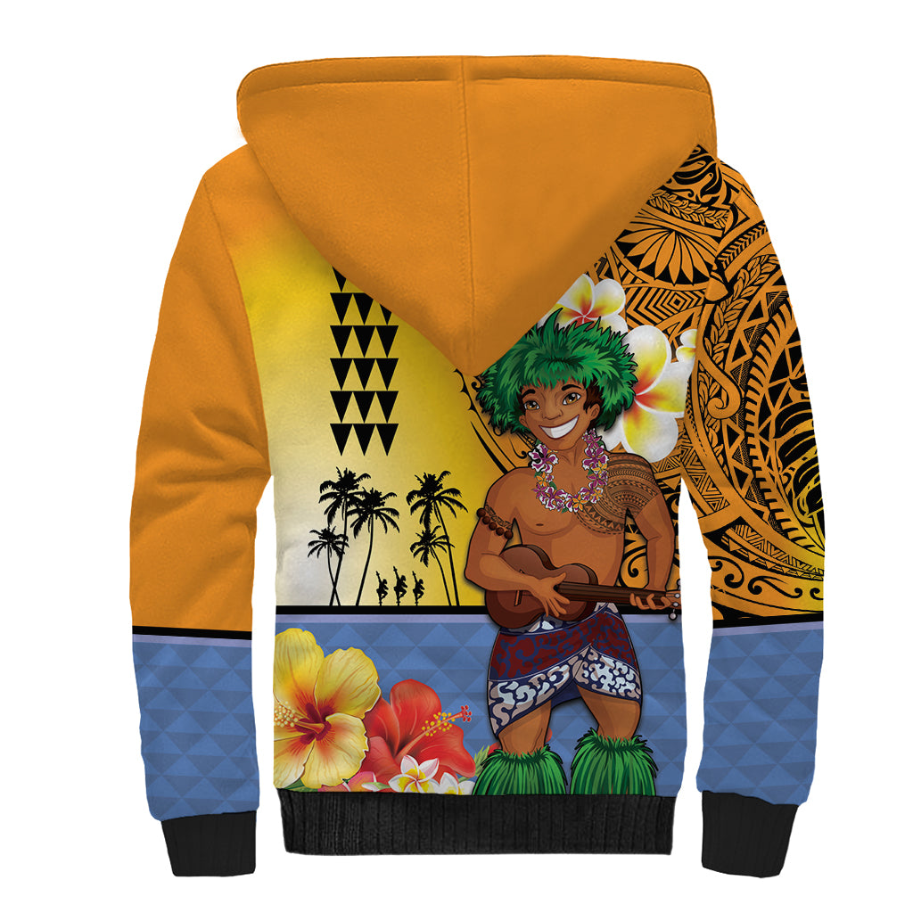 Happy Lei Day Sherpa Hoodie Hula Male Dancer Polynesian Flower Kakau Pattern