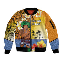 Happy Lei Day Sleeve Zip Bomber Jacket Hula Male Dancer Polynesian Flower Kakau Pattern