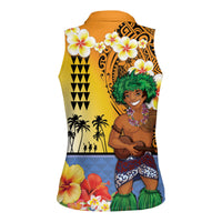 Happy Lei Day Women Sleeveless Polo Shirt Hula Male Dancer Polynesian Flower Kakau Pattern