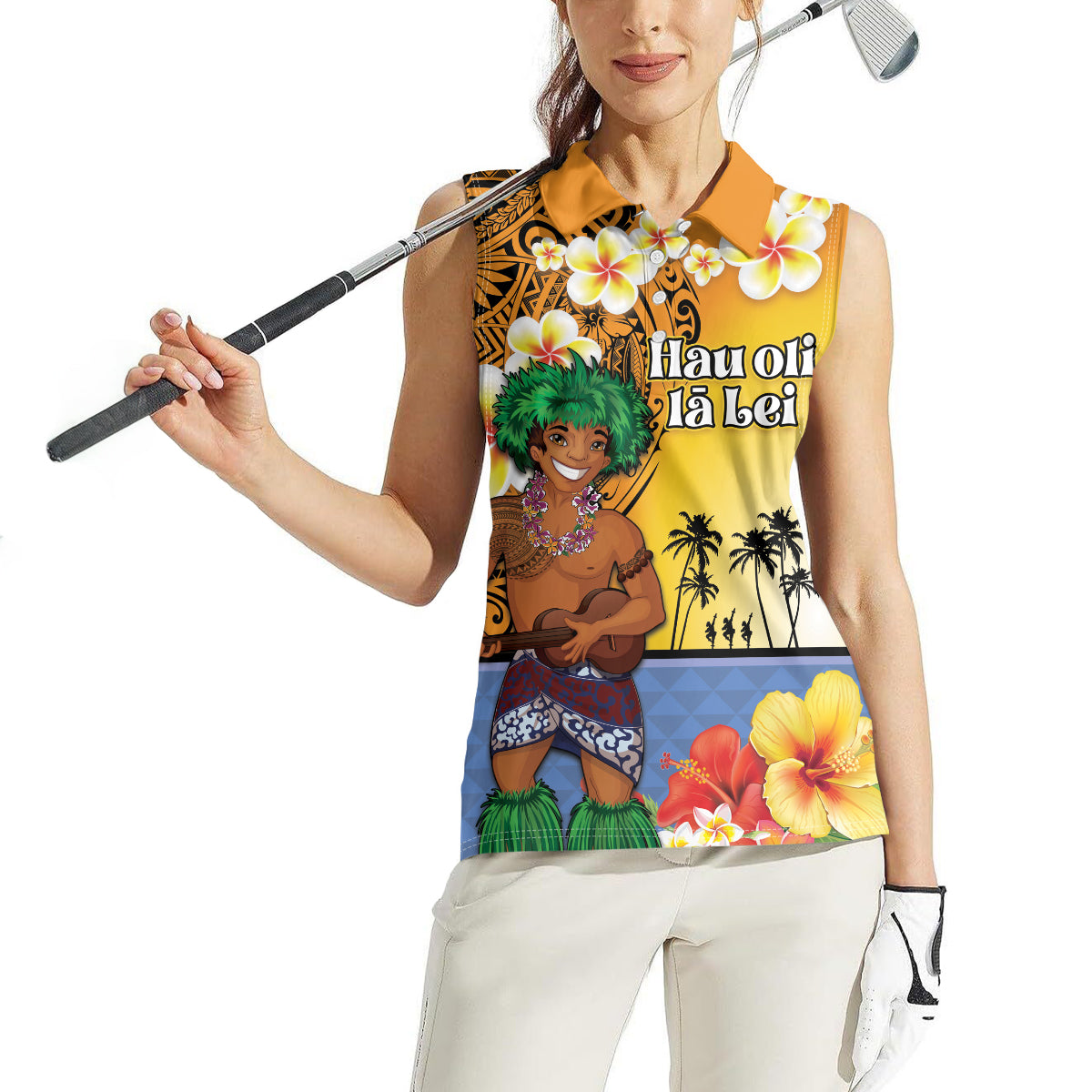 Happy Lei Day Women Sleeveless Polo Shirt Hula Male Dancer Polynesian Flower Kakau Pattern