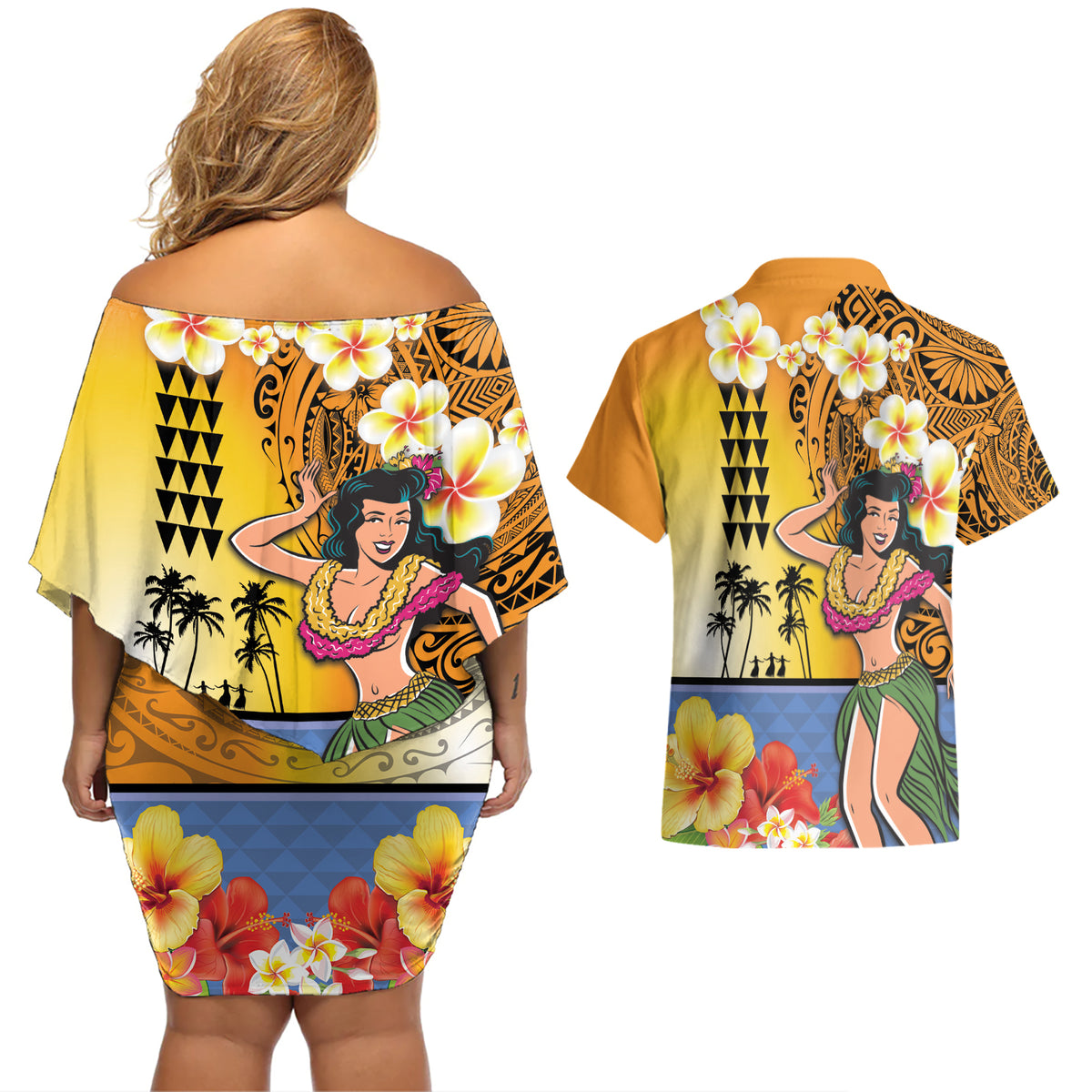 Happy Lei Day Couples Matching Off Shoulder Short Dress and Hawaiian Shirt Hula Girl Polynesian Flower Kakau Pattern