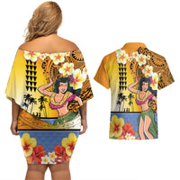 Happy Lei Day Couples Matching Off Shoulder Short Dress and Hawaiian Shirt Hula Girl Polynesian Flower Kakau Pattern