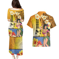 Happy Lei Day Couples Matching Puletasi and Hawaiian Shirt Hula Girl Polynesian Flower Kakau Pattern