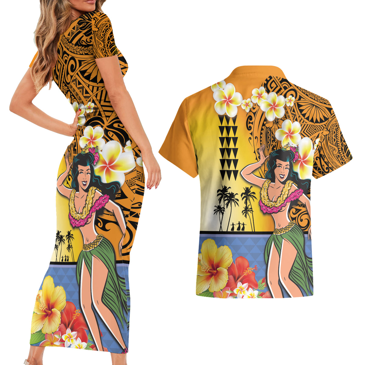 Happy Lei Day Couples Matching Short Sleeve Bodycon Dress and Hawaiian Shirt Hula Girl Polynesian Flower Kakau Pattern
