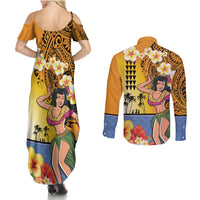 Happy Lei Day Couples Matching Summer Maxi Dress and Long Sleeve Button Shirt Hula Girl Polynesian Flower Kakau Pattern