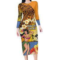 Happy Lei Day Family Matching Long Sleeve Bodycon Dress and Hawaiian Shirt Hula Girl Polynesian Flower Kakau Pattern
