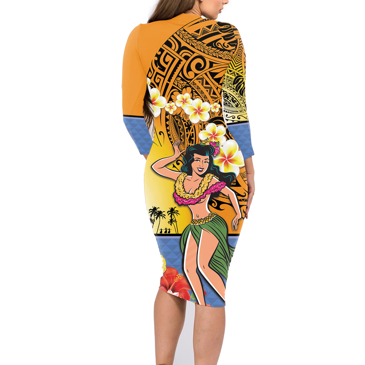 Happy Lei Day Family Matching Long Sleeve Bodycon Dress and Hawaiian Shirt Hula Girl Polynesian Flower Kakau Pattern