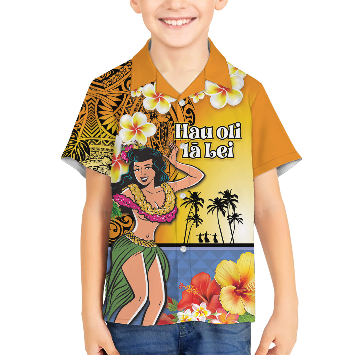 Happy Lei Day Family Matching Long Sleeve Bodycon Dress and Hawaiian Shirt Hula Girl Polynesian Flower Kakau Pattern