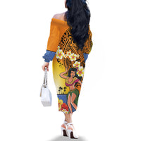 Happy Lei Day Family Matching Off The Shoulder Long Sleeve Dress and Hawaiian Shirt Hula Girl Polynesian Flower Kakau Pattern