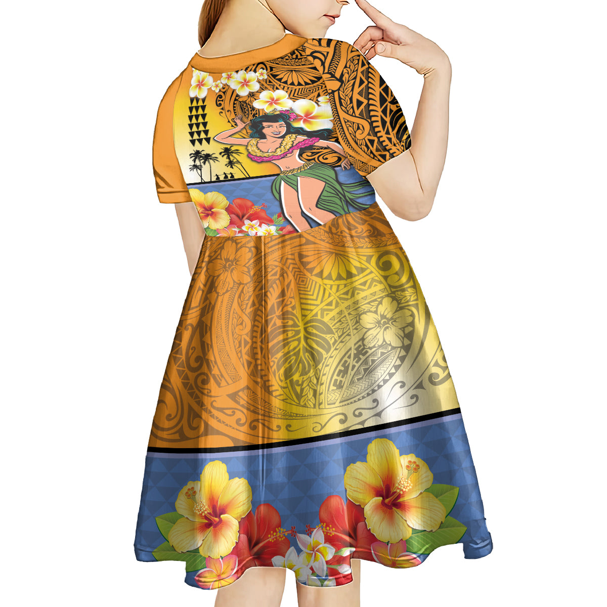 Happy Lei Day Kid Short Sleeve Dress Hula Girl Polynesian Flower Kakau Pattern LT03 - Polynesian Pride