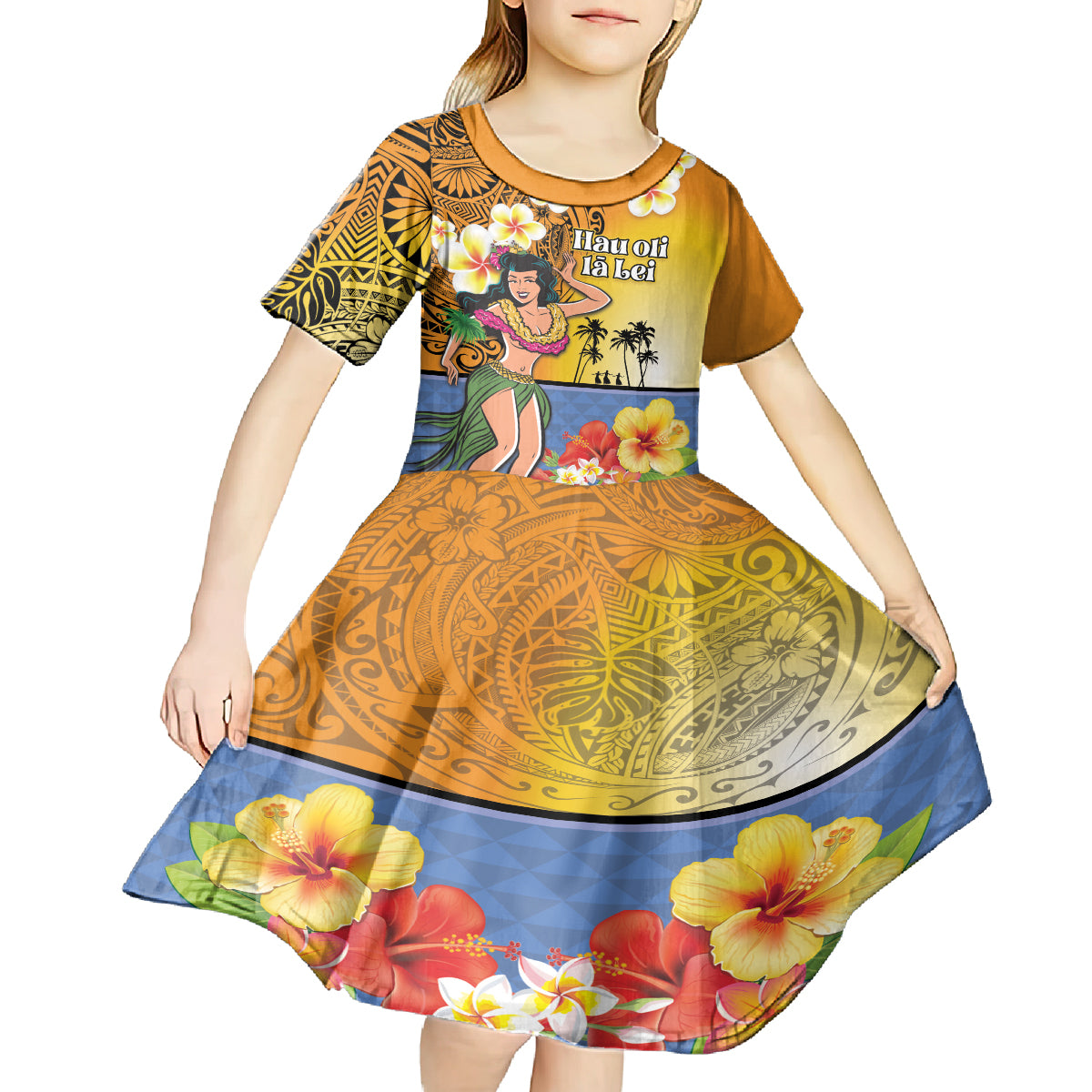 Happy Lei Day Kid Short Sleeve Dress Hula Girl Polynesian Flower Kakau Pattern LT03 - Polynesian Pride
