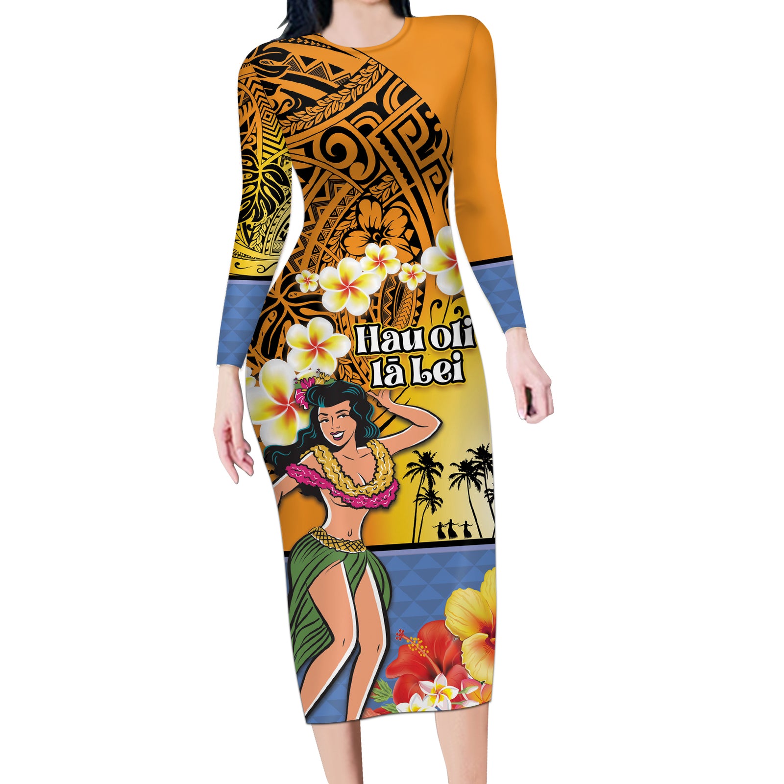 Happy Lei Day Long Sleeve Bodycon Dress Hula Girl Polynesian Flower Kakau Pattern LT03 Long Dress Yellow - Polynesian Pride