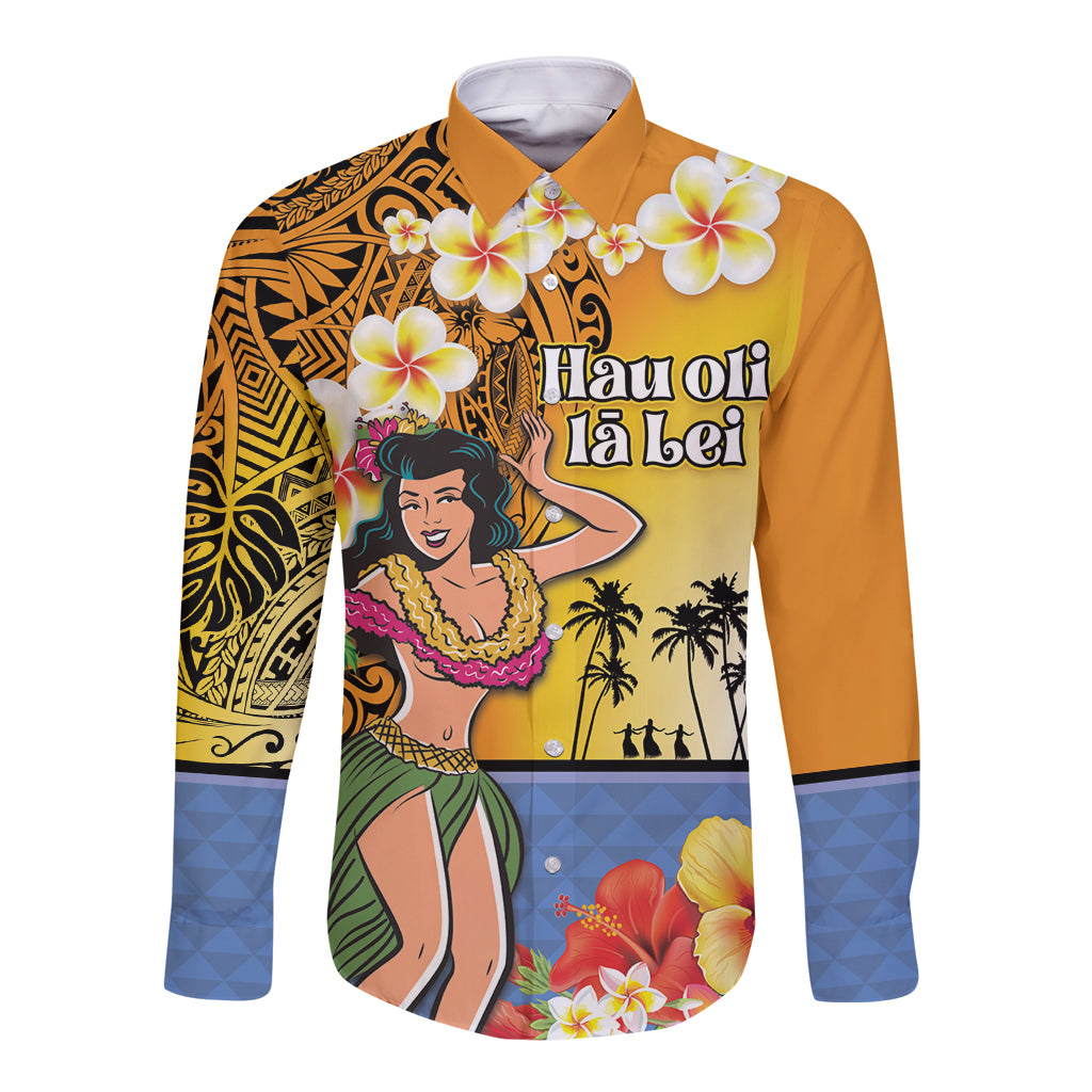 Happy Lei Day Long Sleeve Button Shirt Hula Girl Polynesian Flower Kakau Pattern LT03 Unisex Yellow - Polynesian Pride
