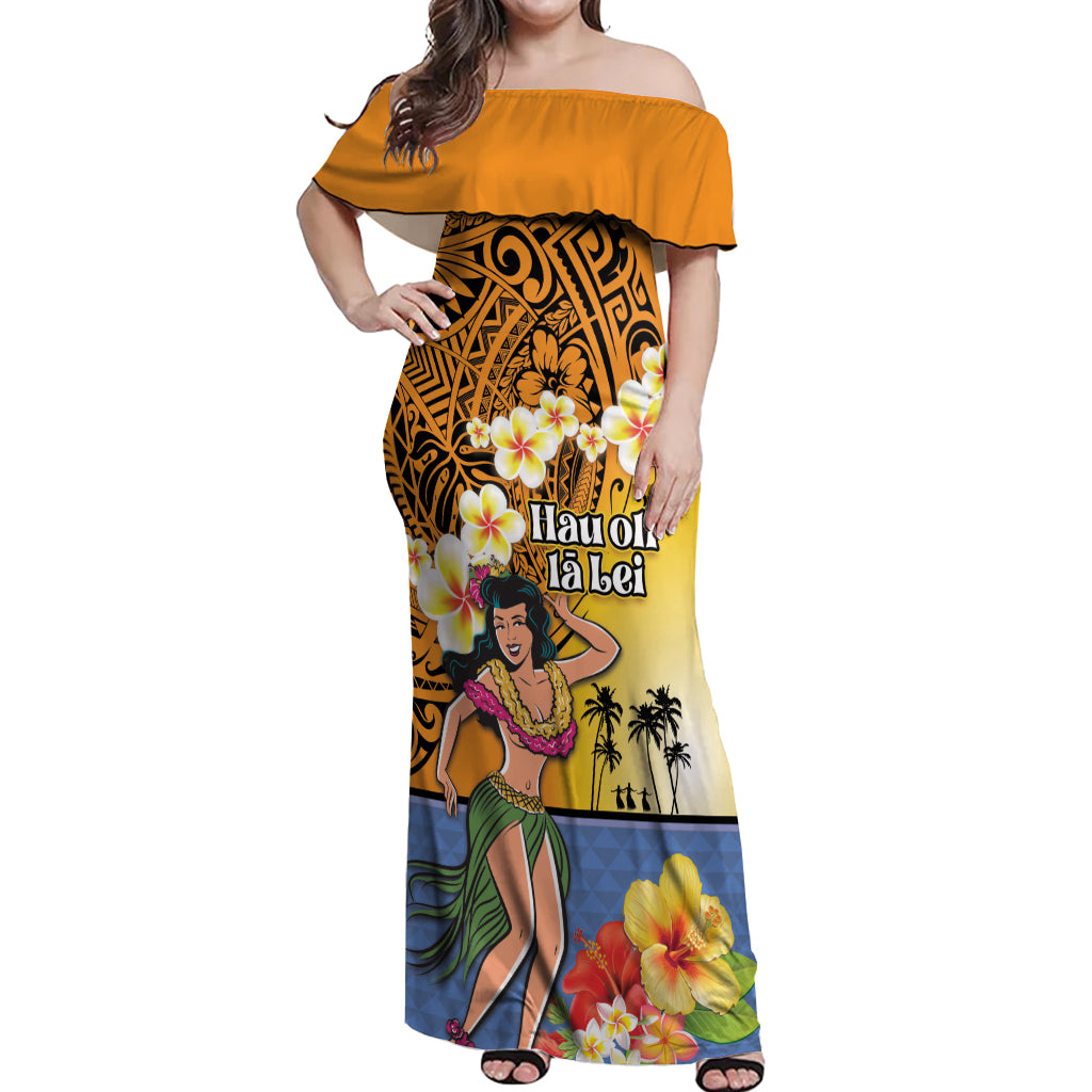 Happy Lei Day Off Shoulder Maxi Dress Hula Girl Polynesian Flower Kakau Pattern LT03 Women Yellow - Polynesian Pride