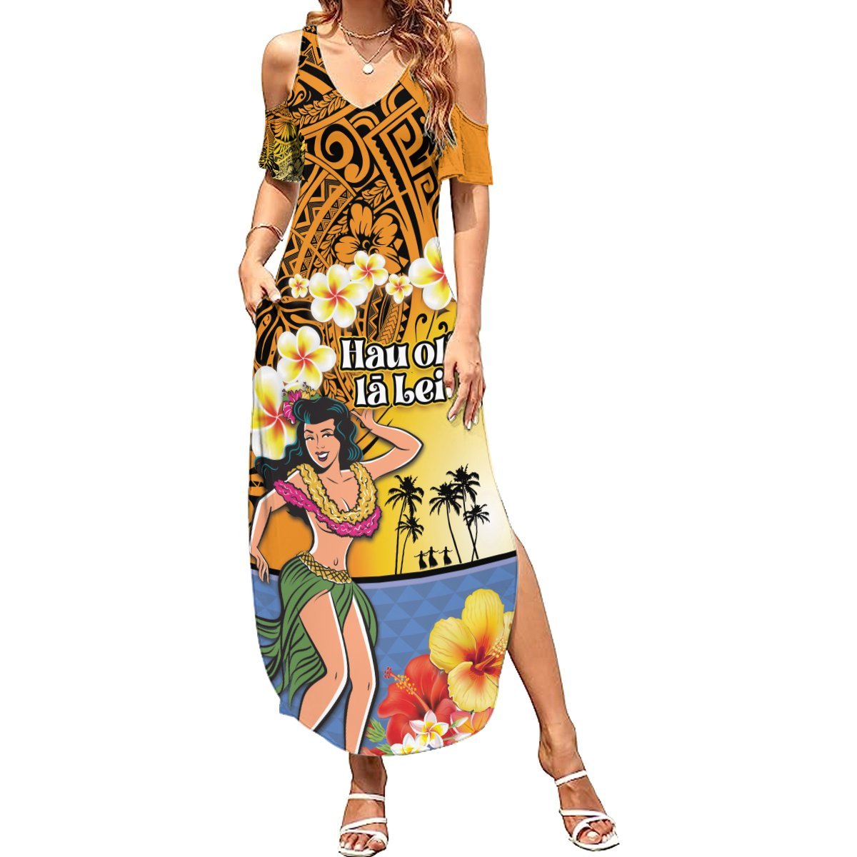 Happy Lei Day Summer Maxi Dress Hula Girl Polynesian Flower Kakau Pattern LT03 Women Yellow - Polynesian Pride