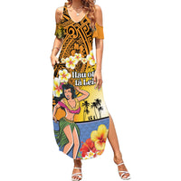 Happy Lei Day Summer Maxi Dress Hula Girl Polynesian Flower Kakau Pattern