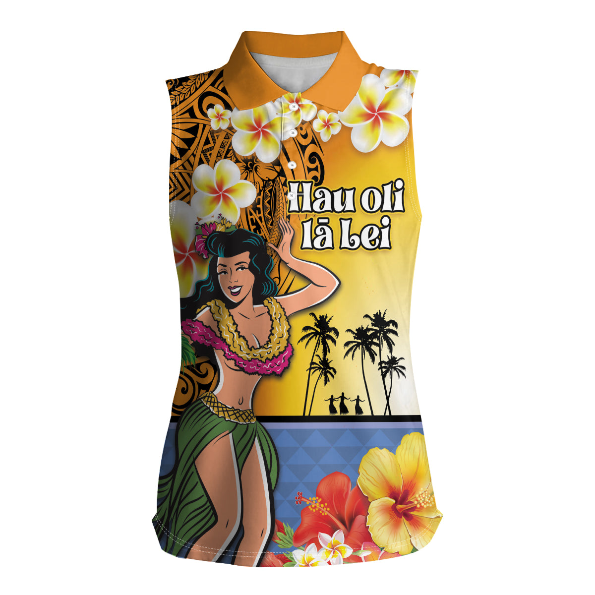 Happy Lei Day Women Sleeveless Polo Shirt Hula Girl Polynesian Flower Kakau Pattern