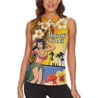 Happy Lei Day Women Sleeveless Polo Shirt Hula Girl Polynesian Flower Kakau Pattern