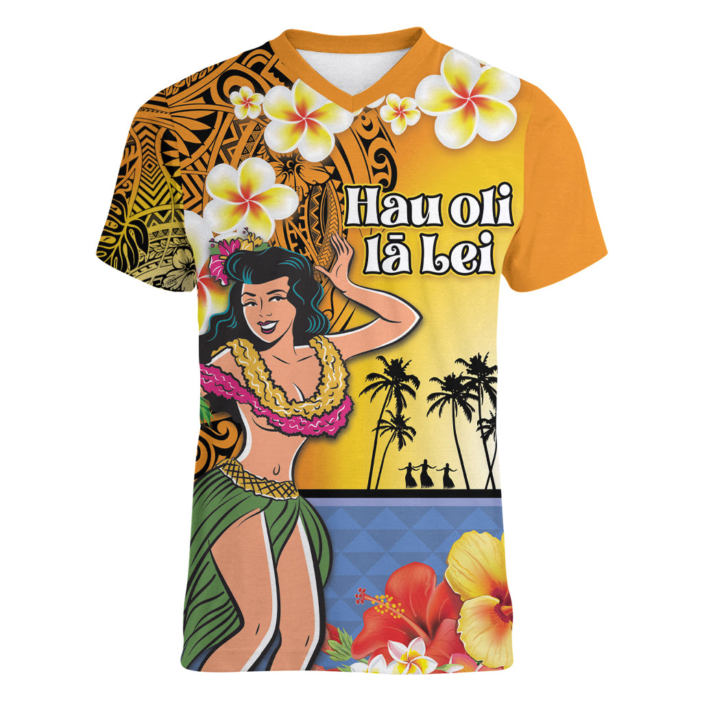 Happy Lei Day Women V-Neck T-Shirt Hula Girl Polynesian Flower Kakau Pattern