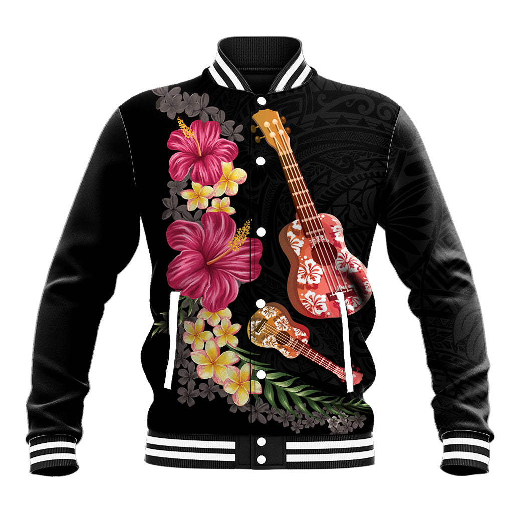Ukulele mix Polynesian Flower Baseball Jacket Hawaiian Tribal Pattern LT03 Unisex Black - Polynesian Pride