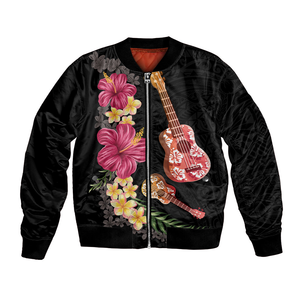 Ukulele mix Polynesian Flower Bomber Jacket Hawaiian Tribal Pattern LT03 Unisex Black - Polynesian Pride