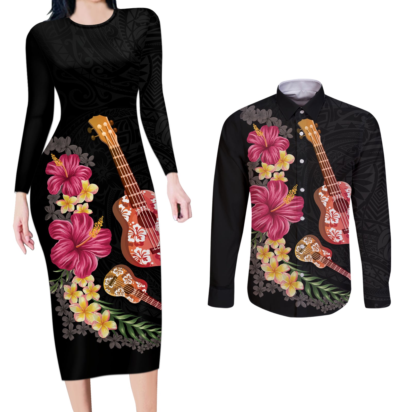 Ukulele mix Polynesian Flower Couples Matching Long Sleeve Bodycon Dress and Long Sleeve Button Shirt Hawaiian Tribal Pattern LT03 Black - Polynesian Pride
