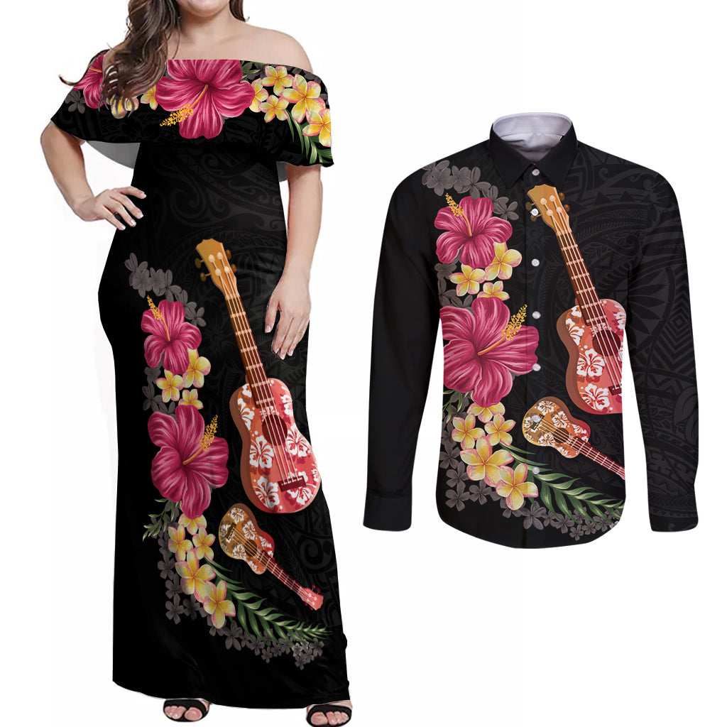 Ukulele mix Polynesian Flower Couples Matching Off Shoulder Maxi Dress and Long Sleeve Button Shirt Hawaiian Tribal Pattern LT03 Black - Polynesian Pride
