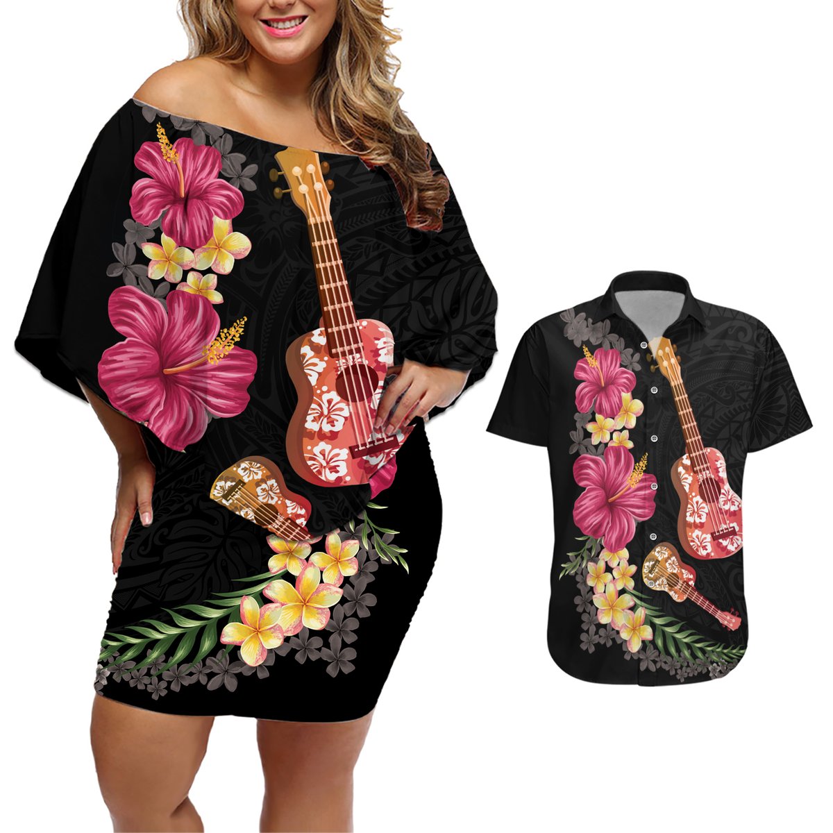 Ukulele mix Polynesian Flower Couples Matching Off Shoulder Short Dress and Hawaiian Shirt Hawaiian Tribal Pattern LT03 Black - Polynesian Pride