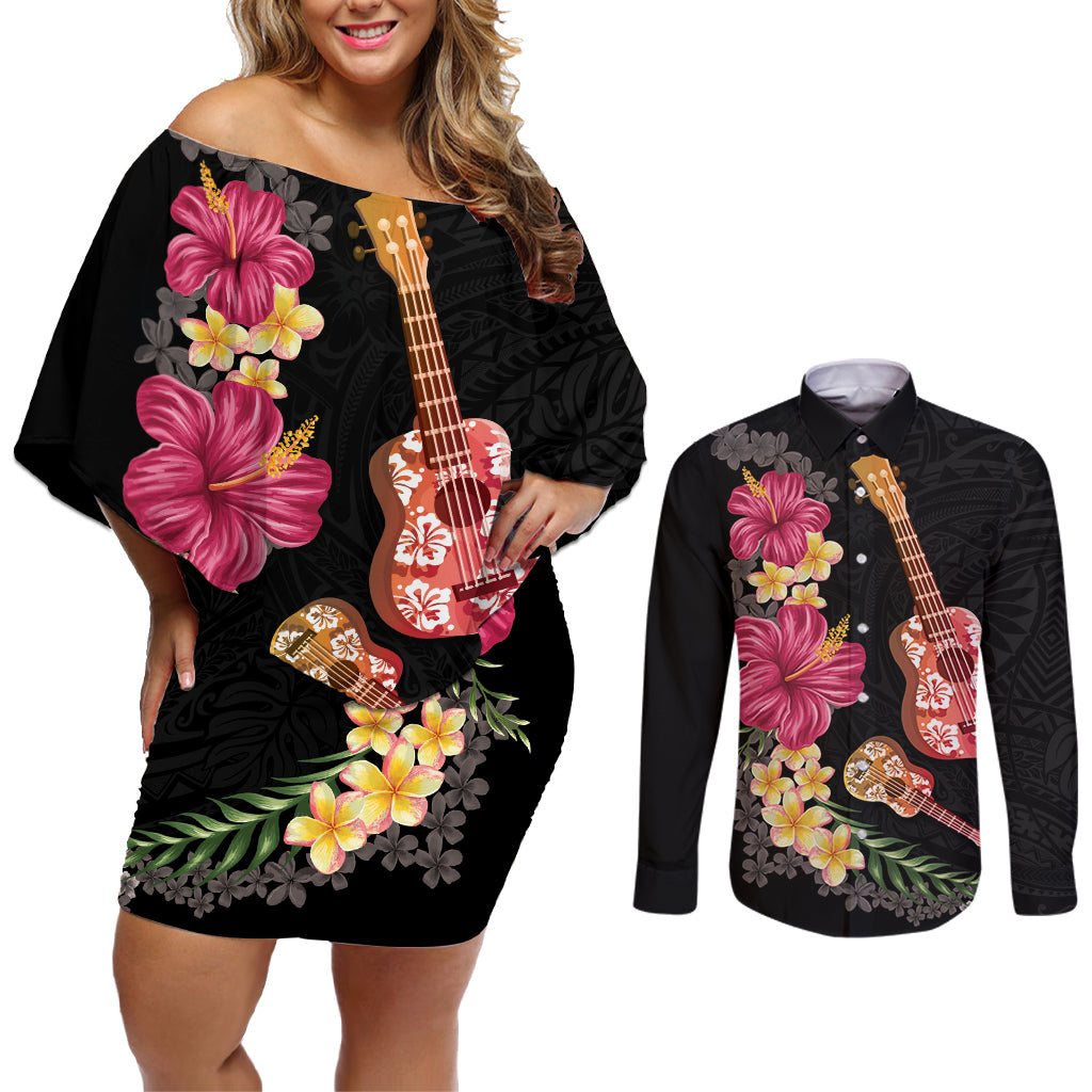Ukulele mix Polynesian Flower Couples Matching Off Shoulder Short Dress and Long Sleeve Button Shirt Hawaiian Tribal Pattern