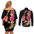 Ukulele mix Polynesian Flower Couples Matching Off Shoulder Short Dress and Long Sleeve Button Shirt Hawaiian Tribal Pattern