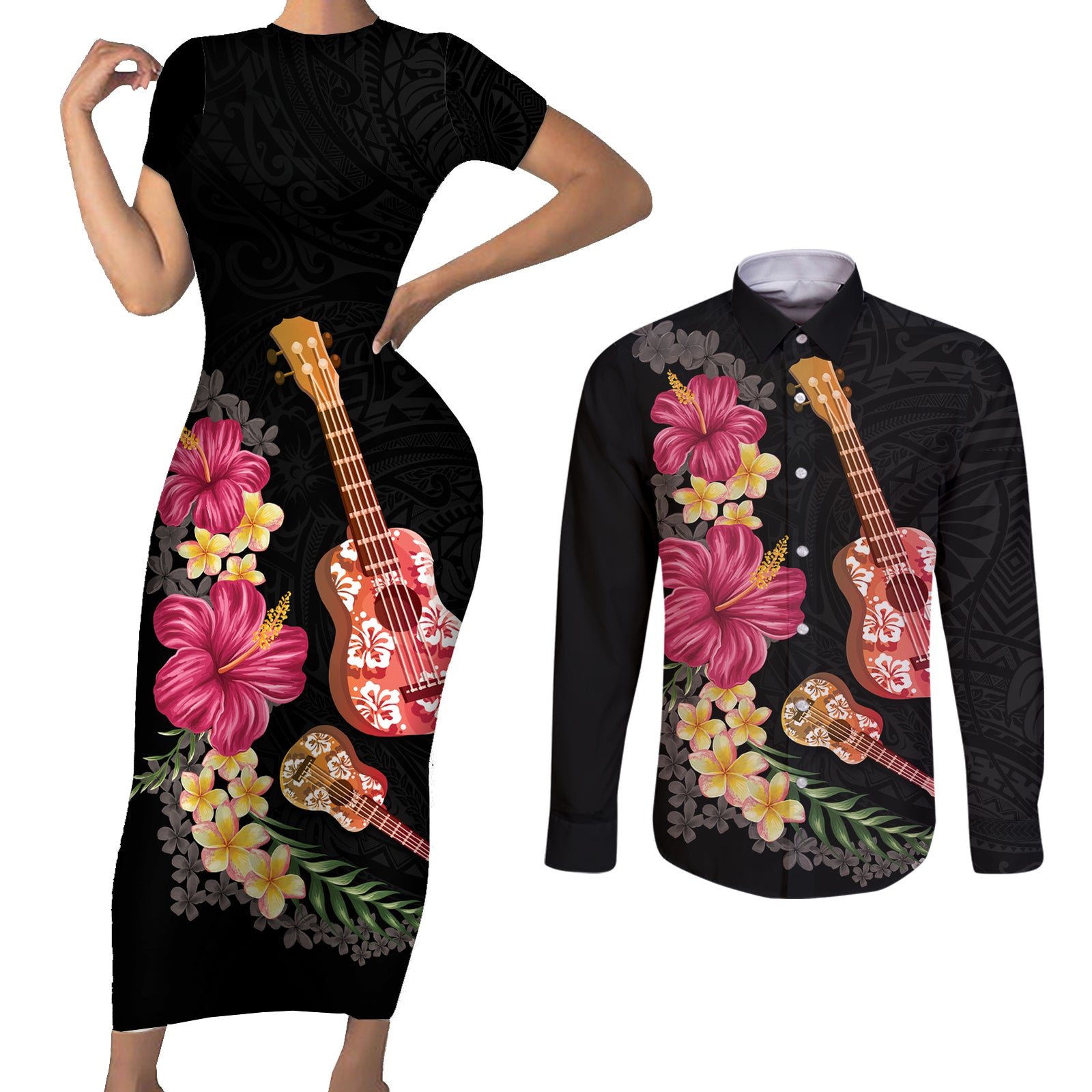 Ukulele mix Polynesian Flower Couples Matching Short Sleeve Bodycon Dress and Long Sleeve Button Shirt Hawaiian Tribal Pattern LT03 Black - Polynesian Pride