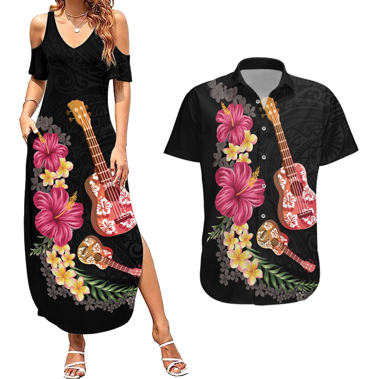 Ukulele mix Polynesian Flower Couples Matching Summer Maxi Dress and Hawaiian Shirt Hawaiian Tribal Pattern