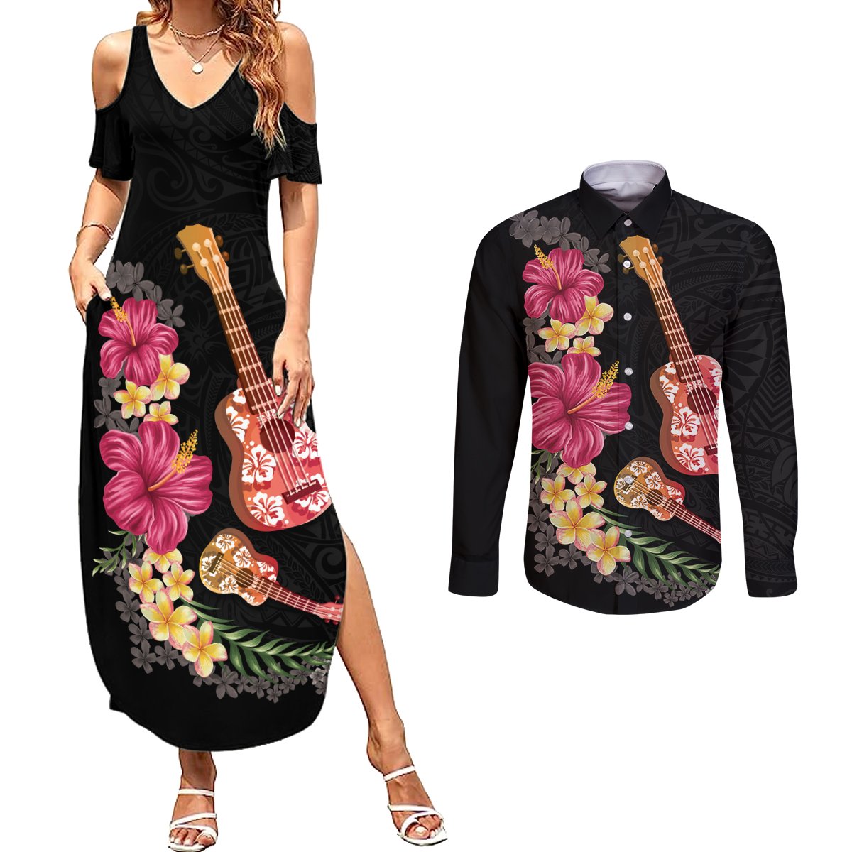 Ukulele mix Polynesian Flower Couples Matching Summer Maxi Dress and Long Sleeve Button Shirt Hawaiian Tribal Pattern LT03 Black - Polynesian Pride