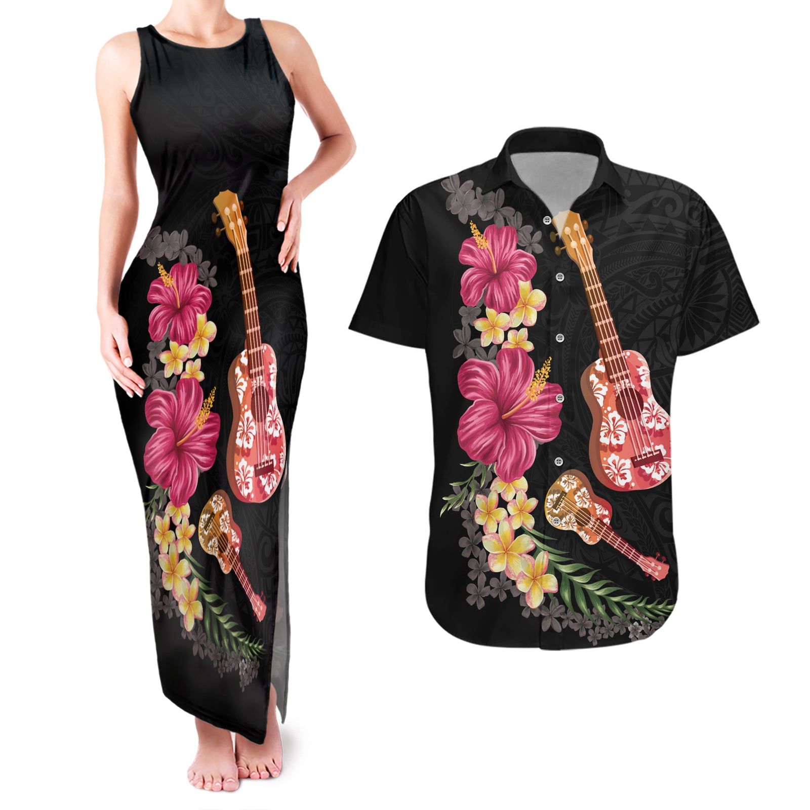 Ukulele mix Polynesian Flower Couples Matching Tank Maxi Dress and Hawaiian Shirt Hawaiian Tribal Pattern LT03 Black - Polynesian Pride