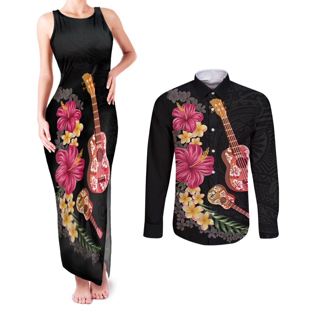 Ukulele mix Polynesian Flower Couples Matching Tank Maxi Dress and Long Sleeve Button Shirt Hawaiian Tribal Pattern LT03 Black - Polynesian Pride