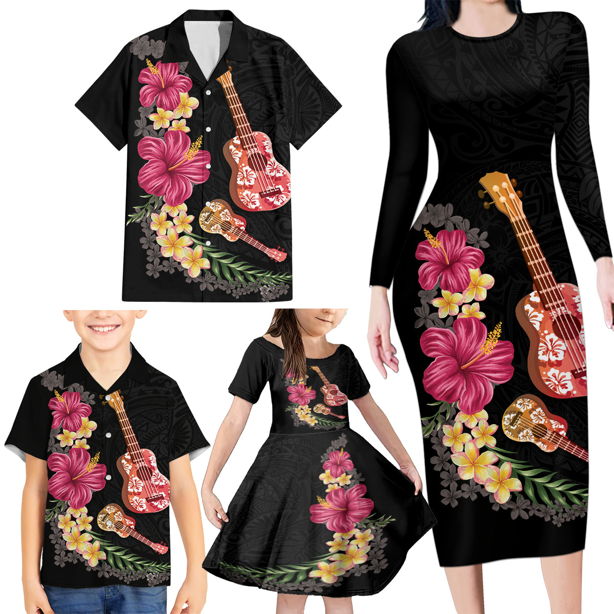 Ukulele mix Polynesian Flower Family Matching Long Sleeve Bodycon Dress and Hawaiian Shirt Hawaiian Tribal Pattern
