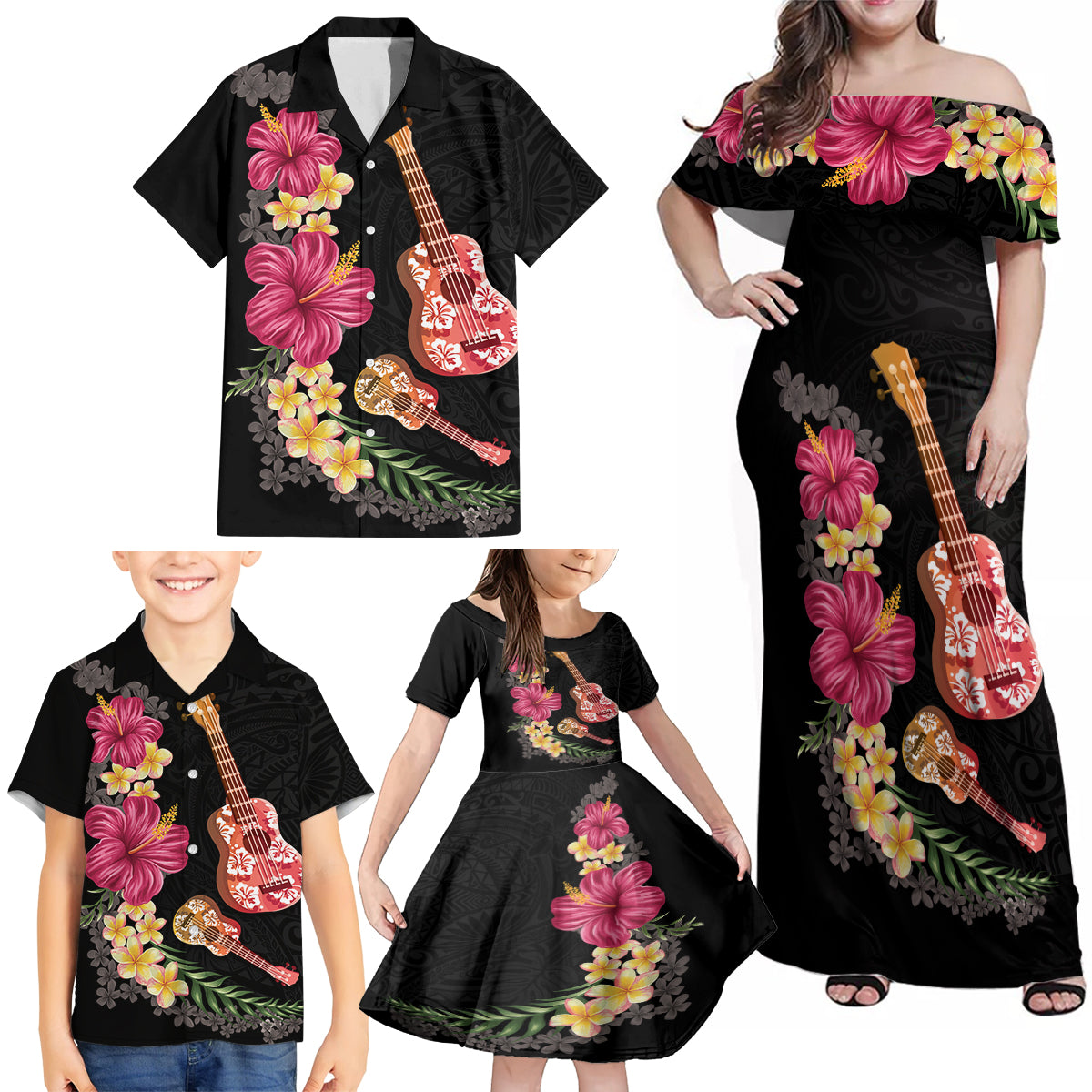 Ukulele mix Polynesian Flower Family Matching Off Shoulder Maxi Dress and Hawaiian Shirt Hawaiian Tribal Pattern