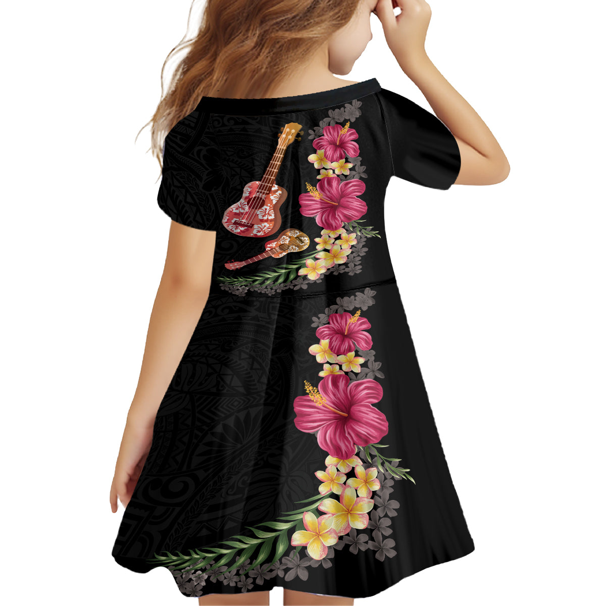 Ukulele mix Polynesian Flower Family Matching Off Shoulder Short Dress and Hawaiian Shirt Hawaiian Tribal Pattern