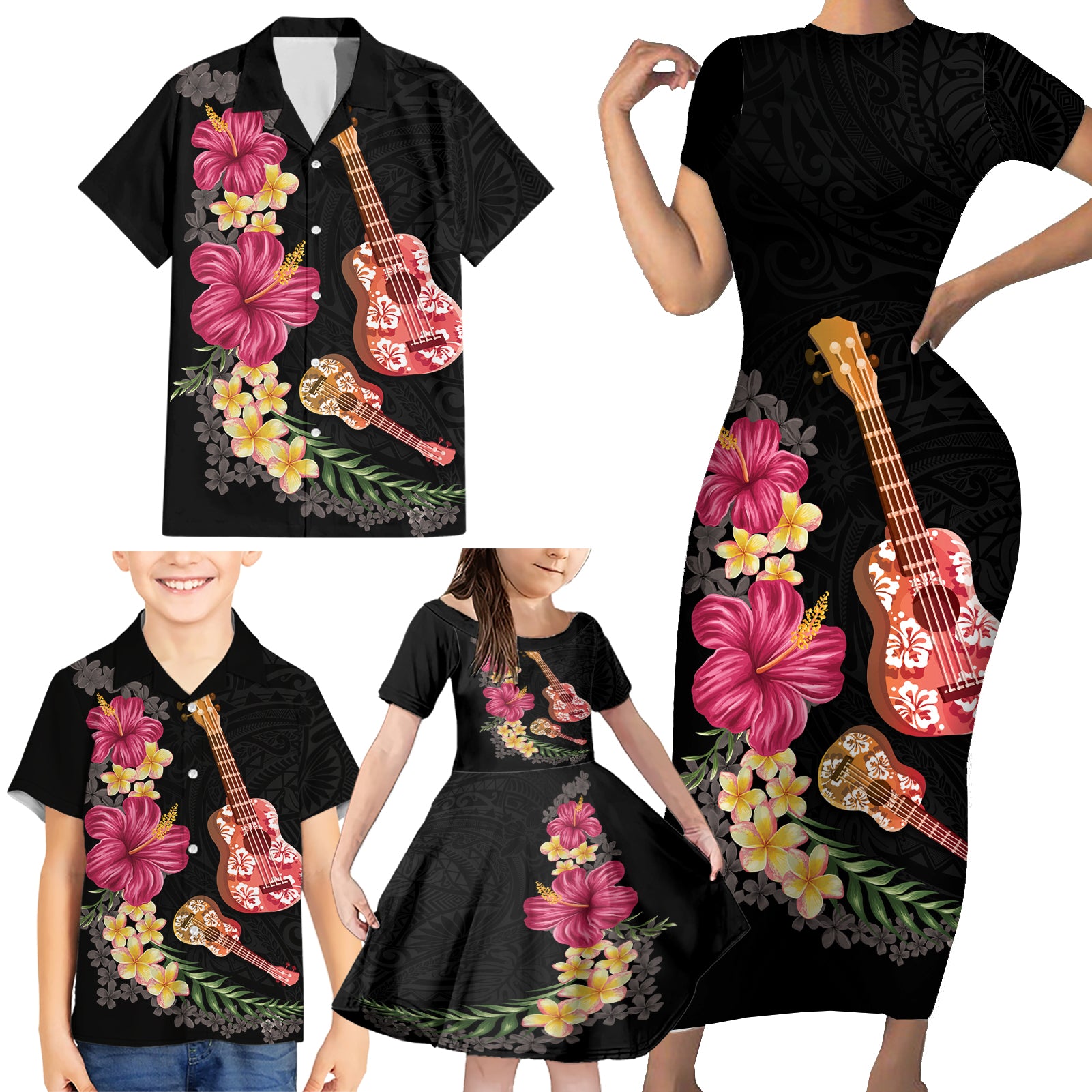 Ukulele mix Polynesian Flower Family Matching Short Sleeve Bodycon Dress and Hawaiian Shirt Hawaiian Tribal Pattern