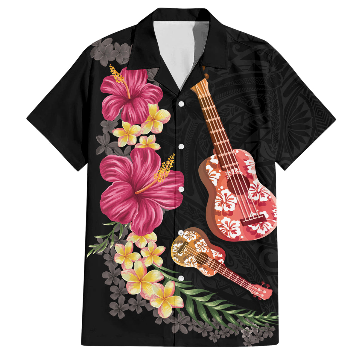 Ukulele mix Polynesian Flower Family Matching Short Sleeve Bodycon Dress and Hawaiian Shirt Hawaiian Tribal Pattern