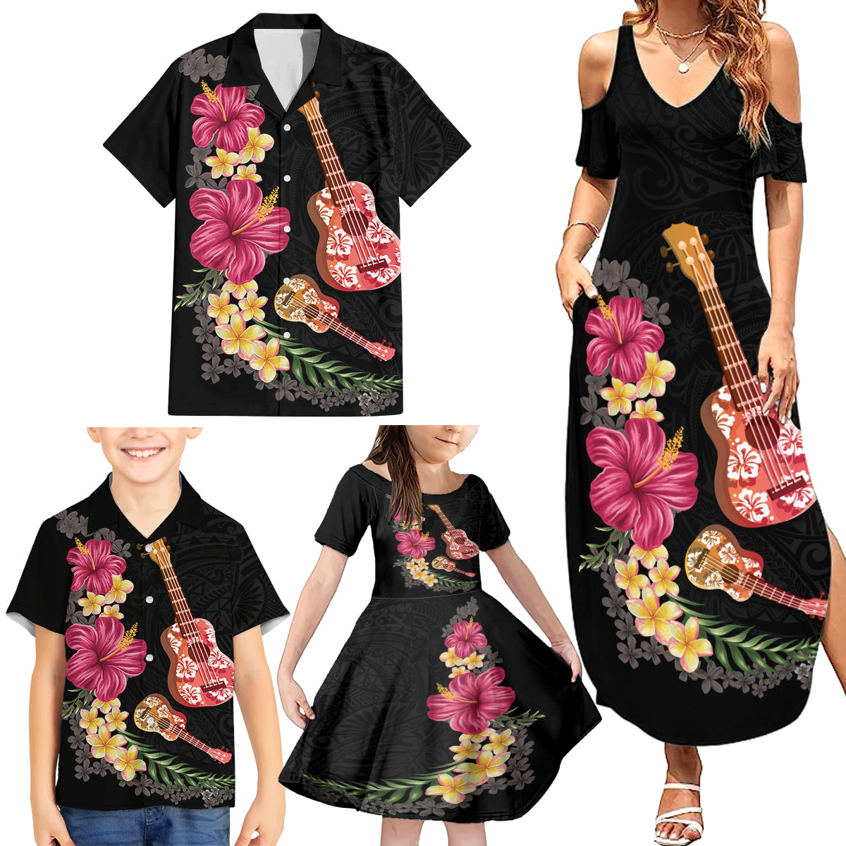 Ukulele mix Polynesian Flower Family Matching Summer Maxi Dress and Hawaiian Shirt Hawaiian Tribal Pattern