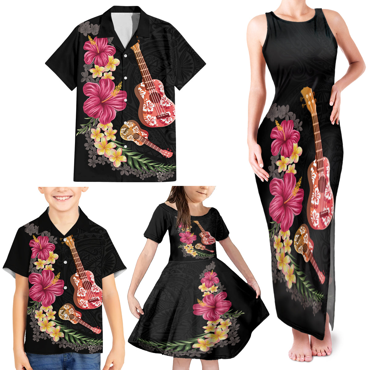Ukulele mix Polynesian Flower Family Matching Tank Maxi Dress and Hawaiian Shirt Hawaiian Tribal Pattern