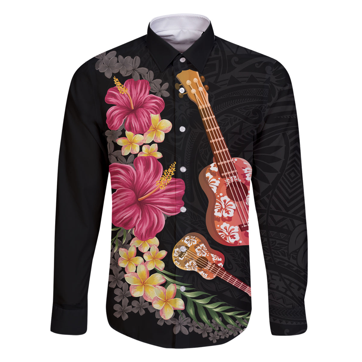 Ukulele mix Polynesian Flower Family Matching Tank Maxi Dress and Hawaiian Shirt Hawaiian Tribal Pattern