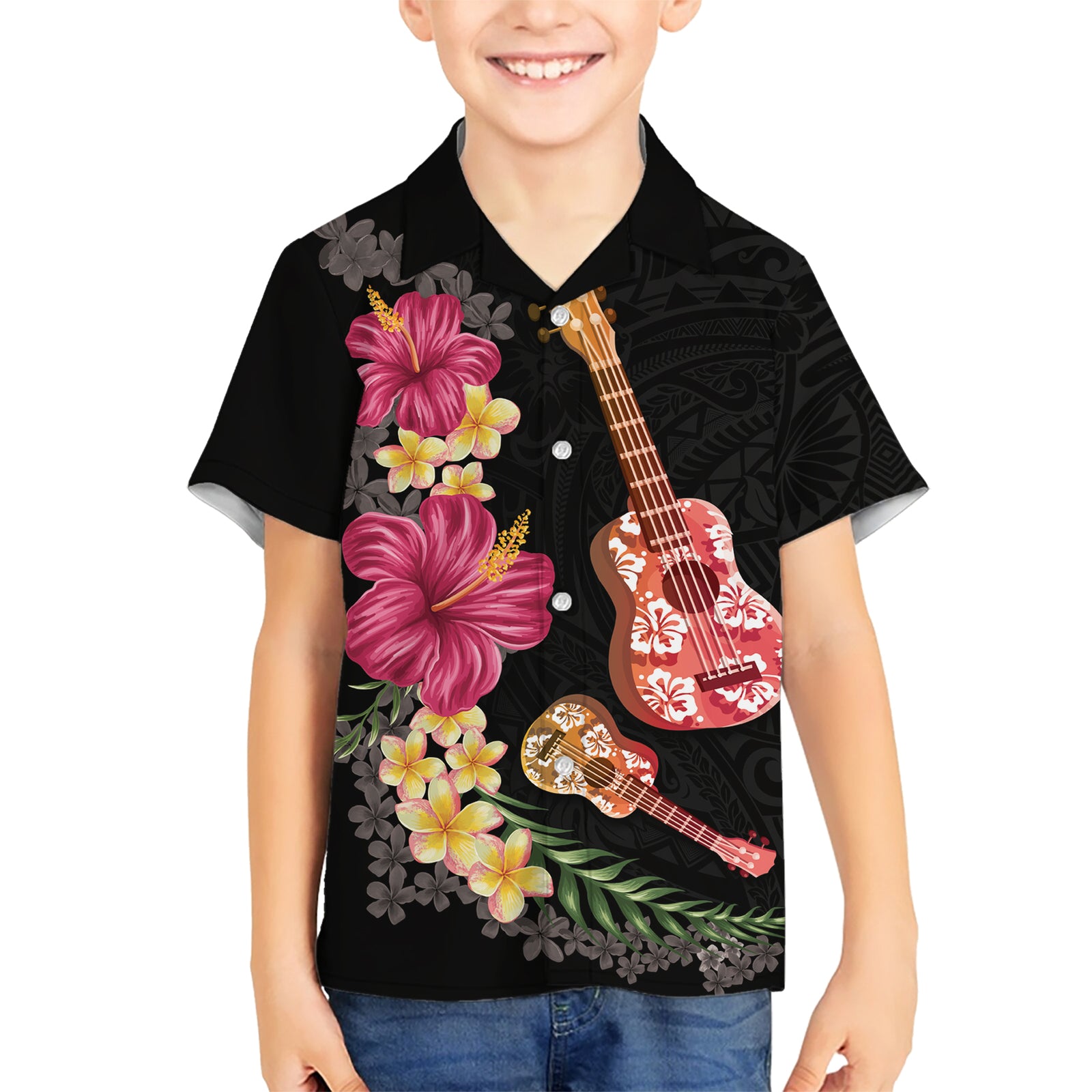 Ukulele mix Polynesian Flower Kid Hawaiian Shirt Hawaiian Tribal Pattern LT03 Kid Black - Polynesian Pride