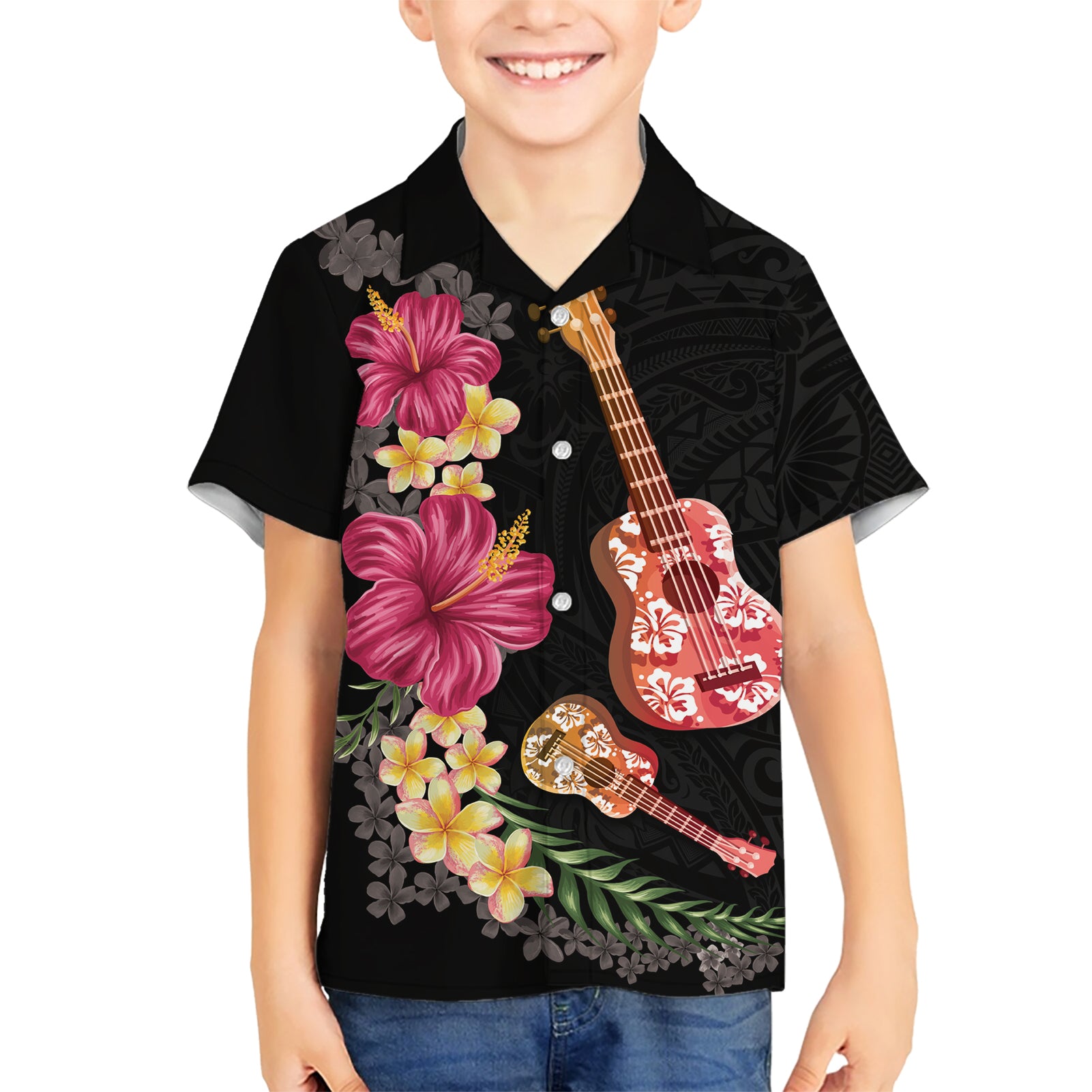 Ukulele mix Polynesian Flower Kid Hawaiian Shirt Hawaiian Tribal Pattern