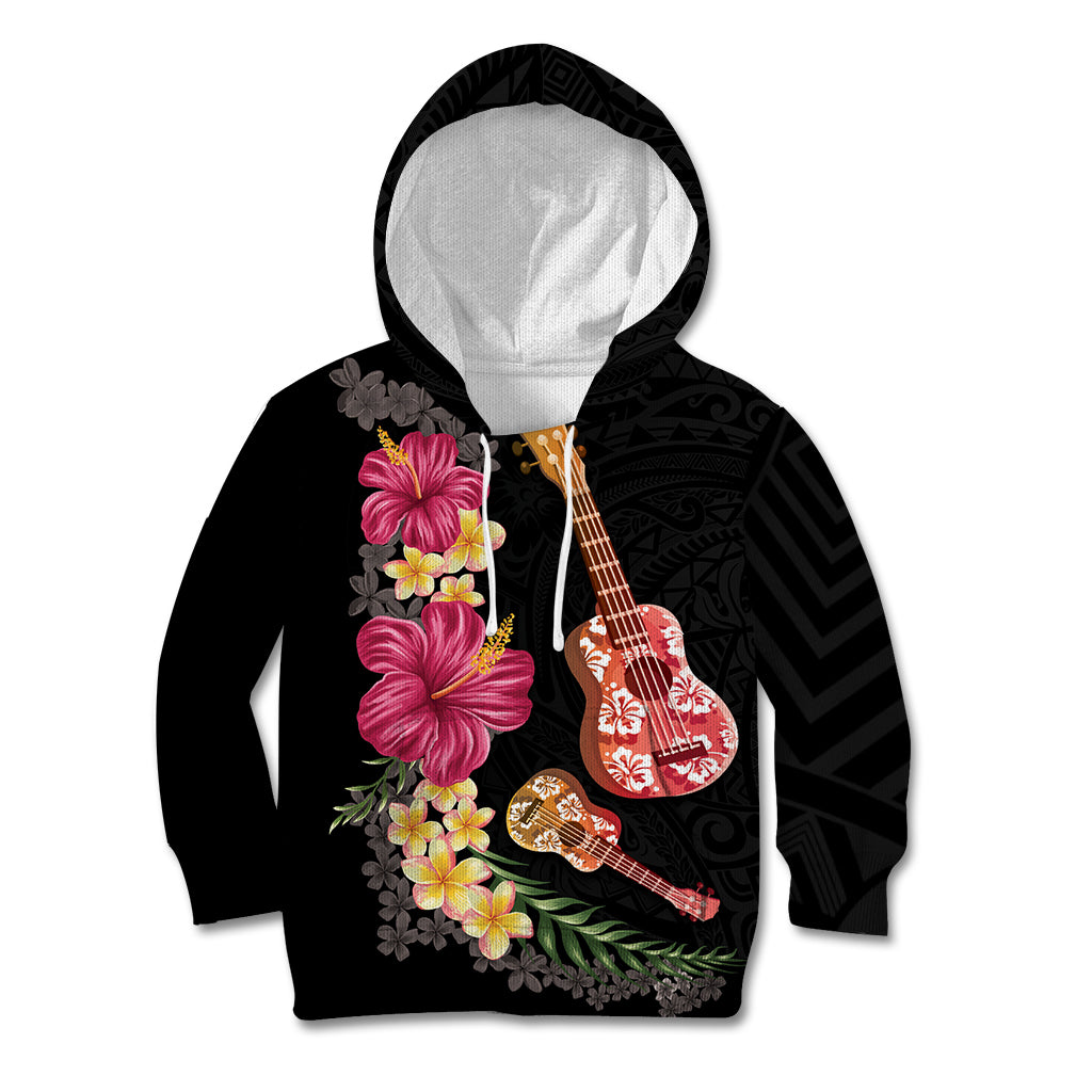 Ukulele mix Polynesian Flower Kid Hoodie Hawaiian Tribal Pattern LT03 Hoodie Black - Polynesian Pride