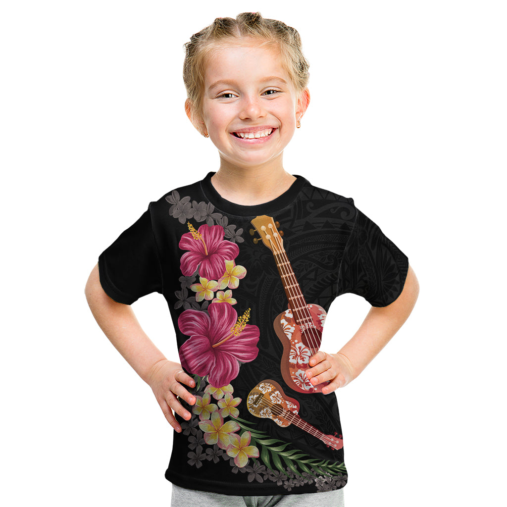 Ukulele mix Polynesian Flower Kid T Shirt Hawaiian Tribal Pattern LT03 Black - Polynesian Pride