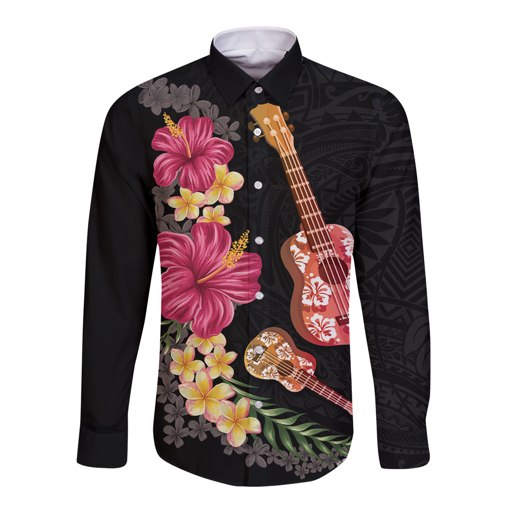 Ukulele mix Polynesian Flower Long Sleeve Button Shirt Hawaiian Tribal Pattern LT03 Unisex Black - Polynesian Pride