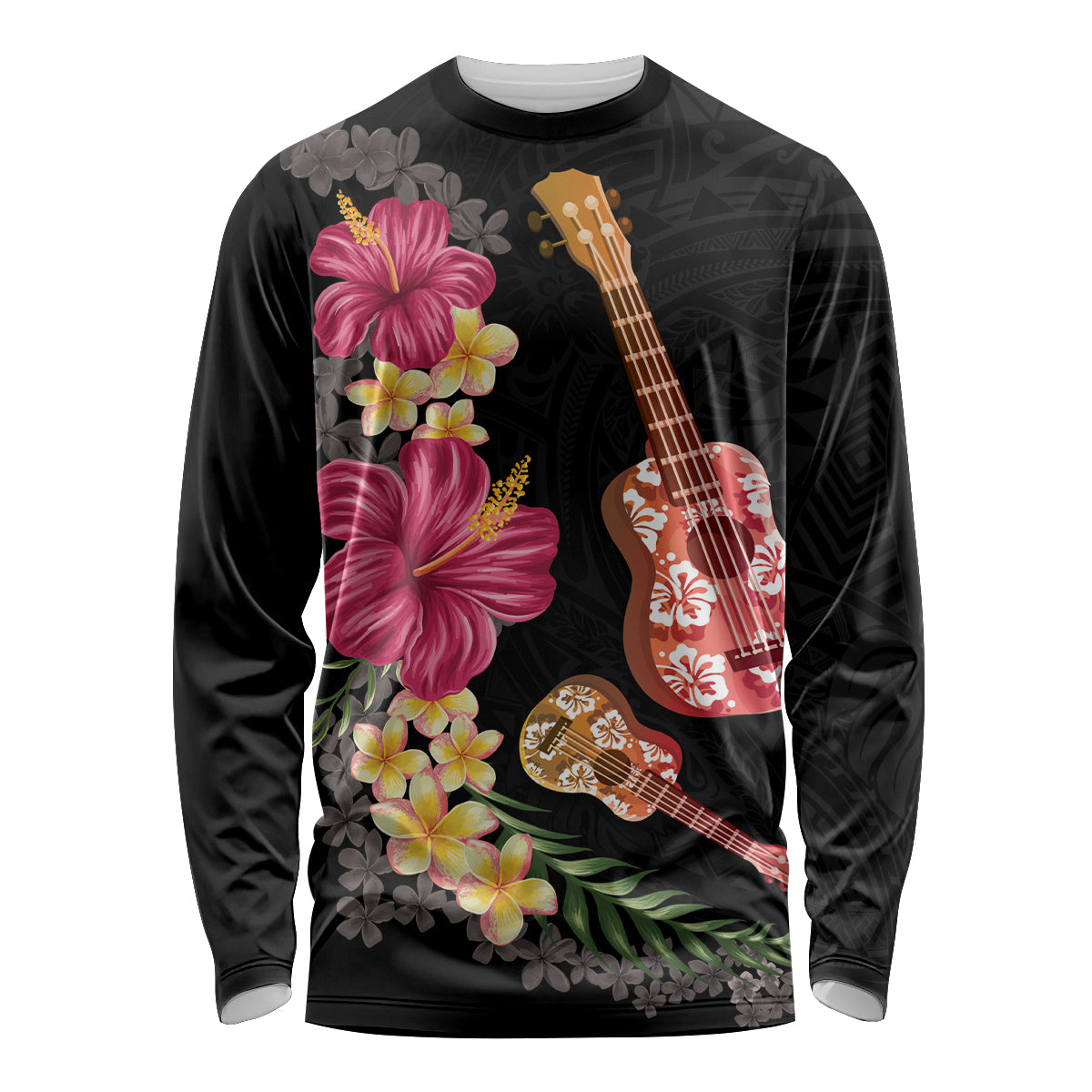 Ukulele mix Polynesian Flower Long Sleeve Shirt Hawaiian Tribal Pattern LT03 Unisex Black - Polynesian Pride