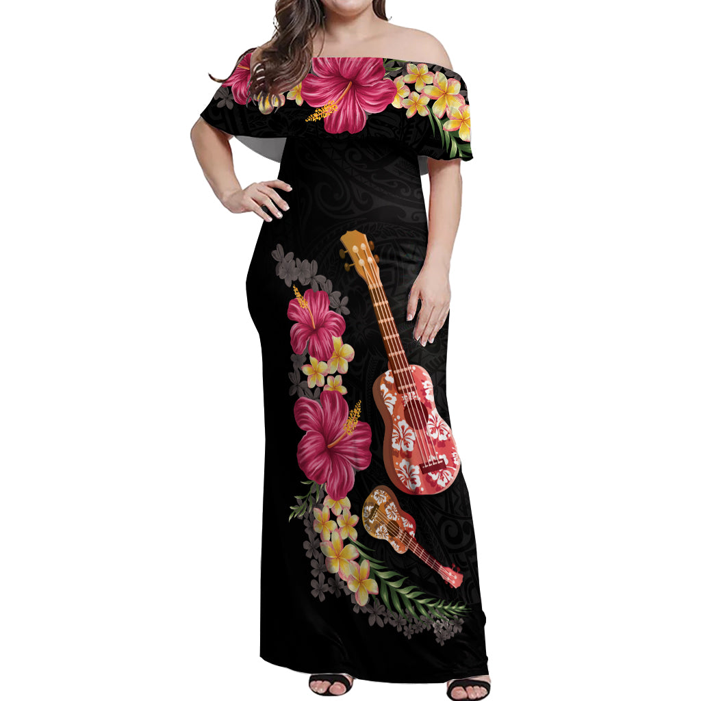Ukulele mix Polynesian Flower Off Shoulder Maxi Dress Hawaiian Tribal Pattern